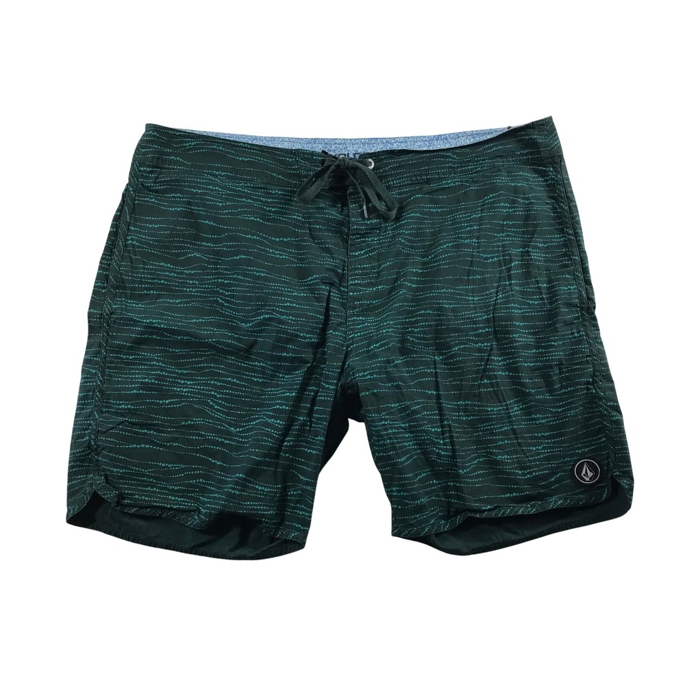 Volcom Libration Boardshorts Mens 38 Green Teal Wavy Dotted Stretch Swim Trunks